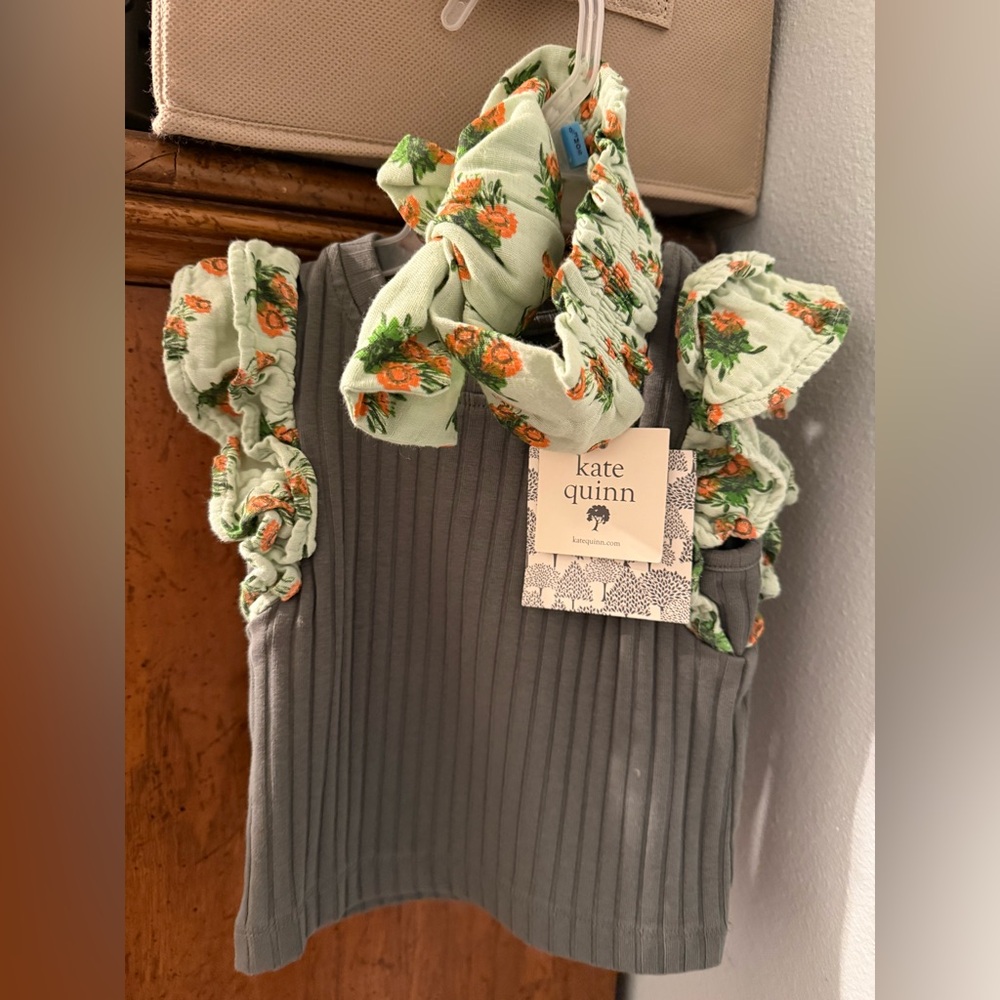Kate Quinn Gray Ribbed Baby Top with Green Floral Ruffles 6-12